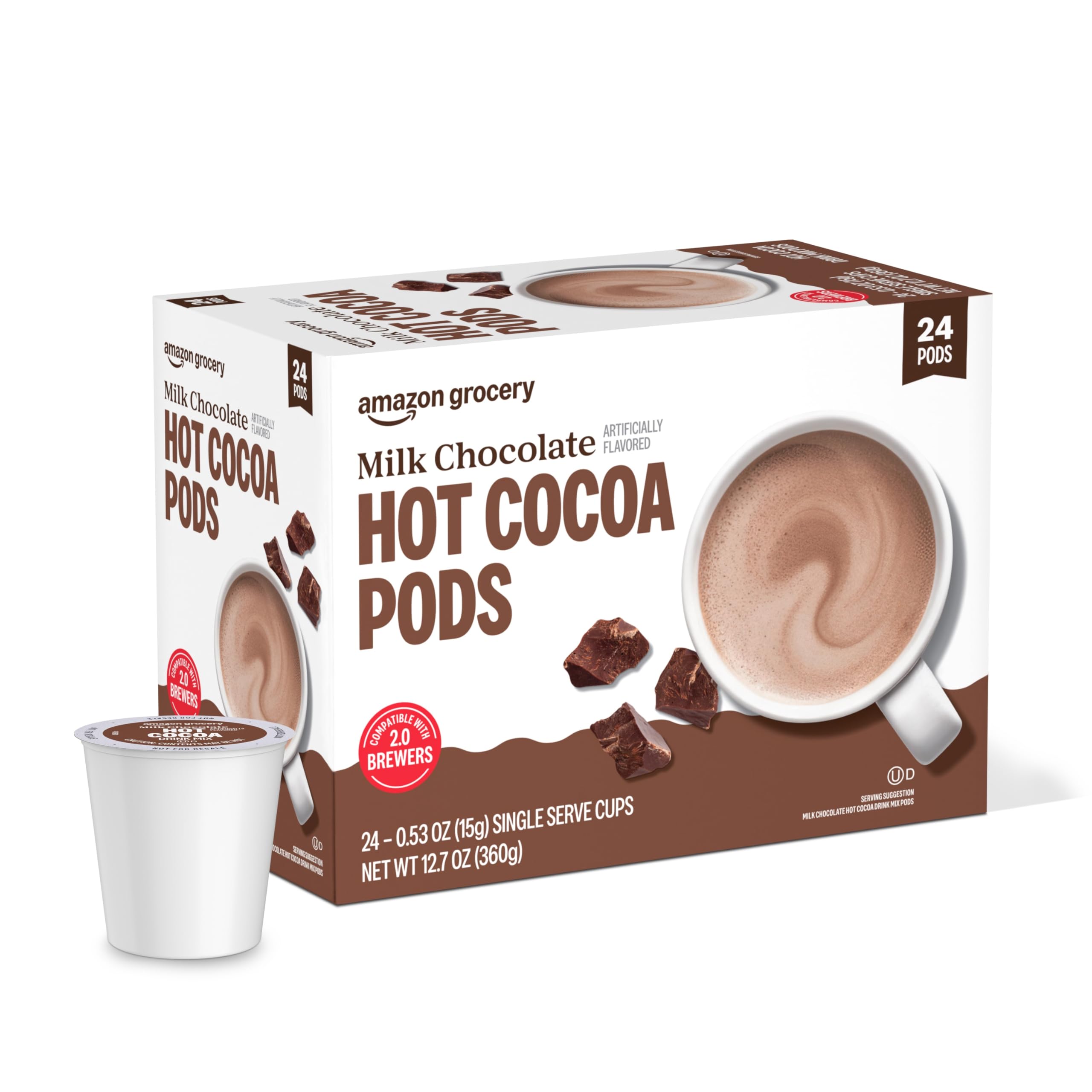 Happy Belly hot cocoa pods with 1.0 and 2.0 brewer compatibility.