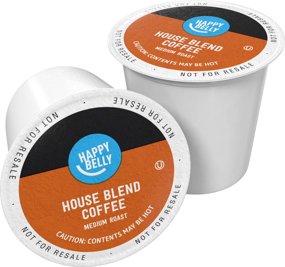 Happy Belly House Blend pods packaging, convenient single-serve coffee for busy mornings.