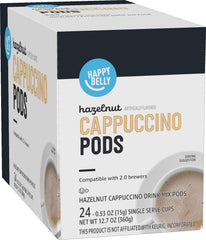 Happy Belly light roast hazelnut cappuccino pods brewing a creamy, aromatic cup at home