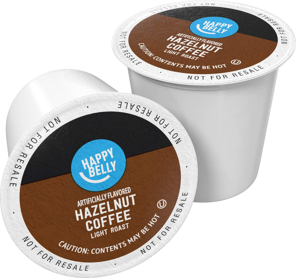 Happy Belly Hazelnut light roast pods in packaging, highlighting aroma for an easy morning boost.