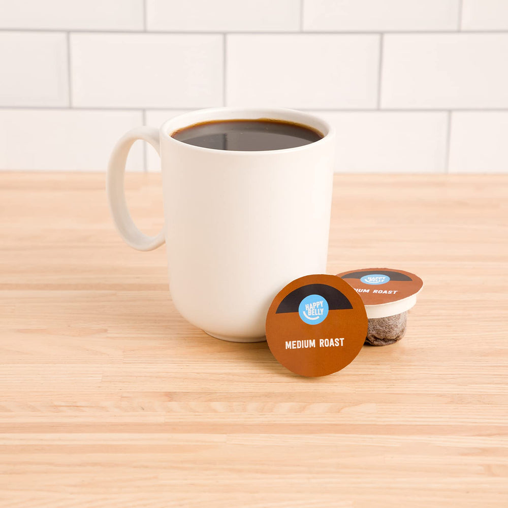 Close-up of a Happy Belly pod highlighting compact, easy-to-use design for quick brews.