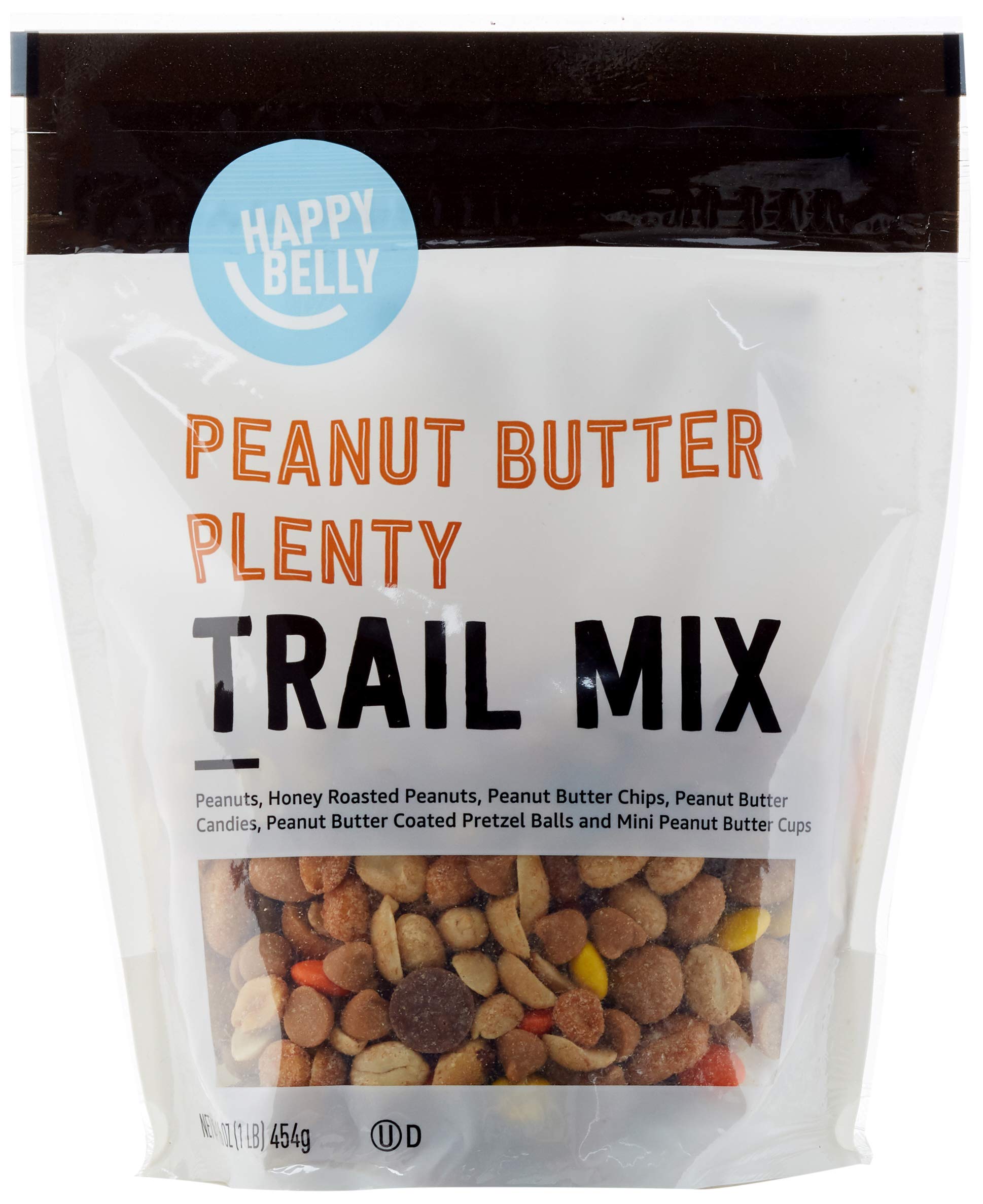 Happy Belly Peanut Butter Plenty trail mix in a stand-up bag for convenient on-the-go snacking.