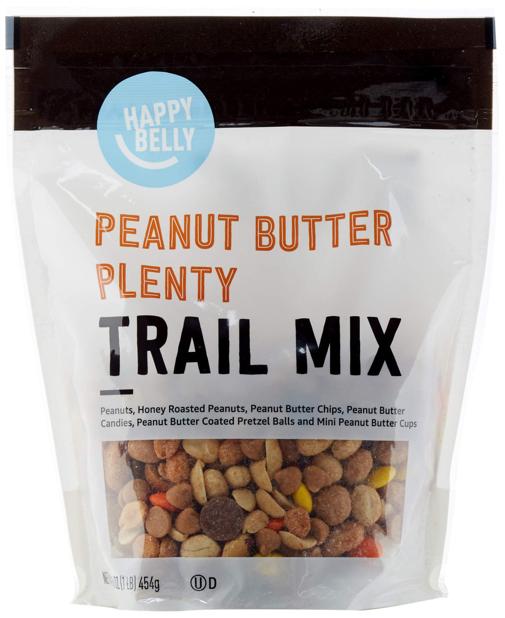 Happy Belly Peanut Butter Plenty trail mix in a stand-up bag for convenient on-the-go snacking.