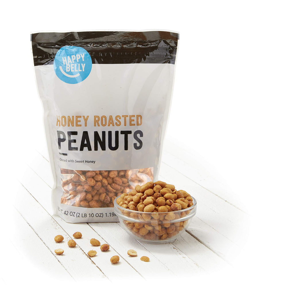 Happy Belly Honey Roasted Peanuts in a bowl ready for family snacking and sharing.