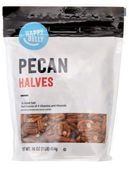 Happy Belly Pecan Halves in a 16-ounce bag ready for snacking and recipes
