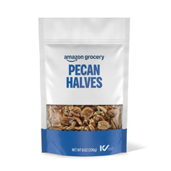 Happy Belly pecan halves bag, no added salt, ready for snacking.