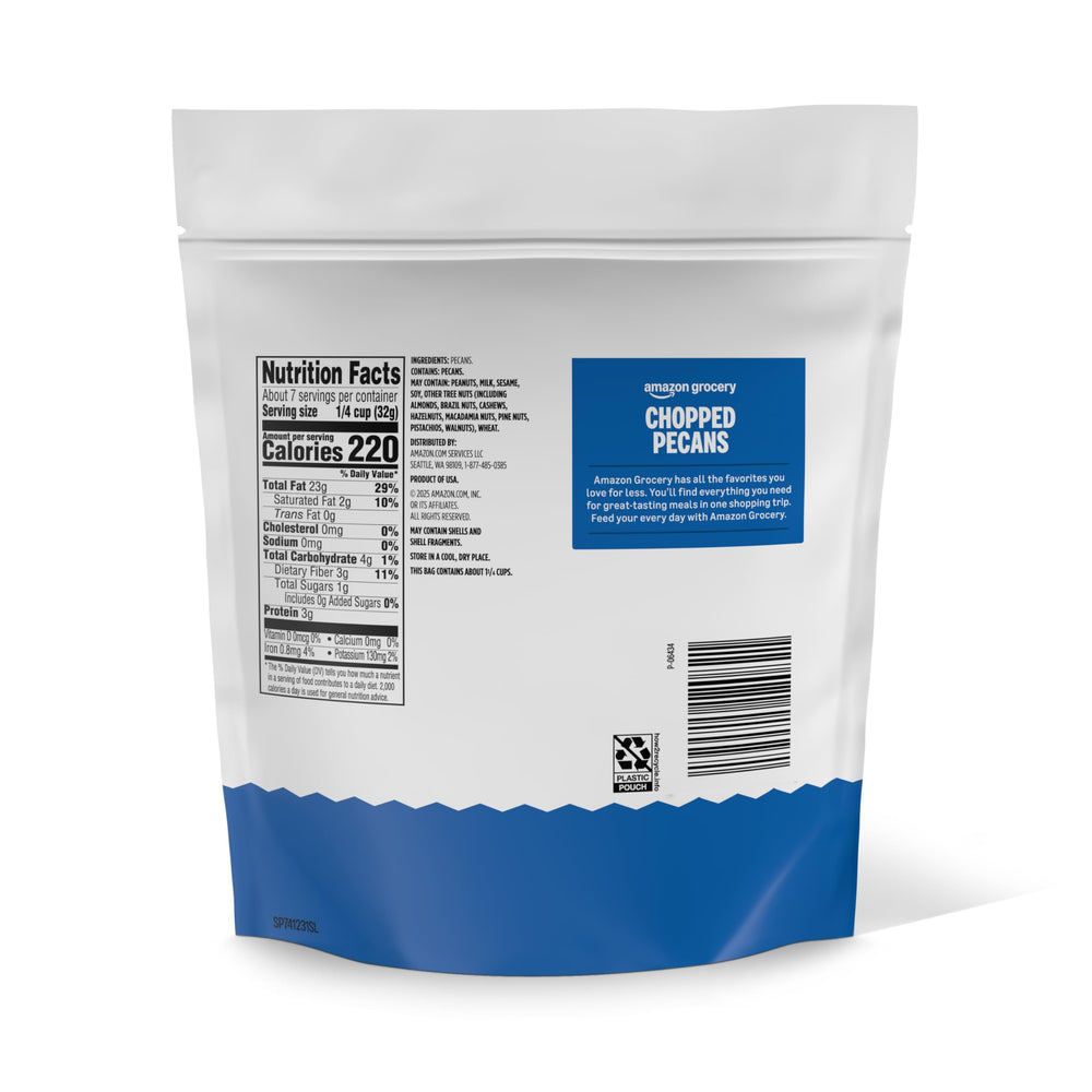 Happy Belly pecans close-up in a resealable bag, premium texture for recipes