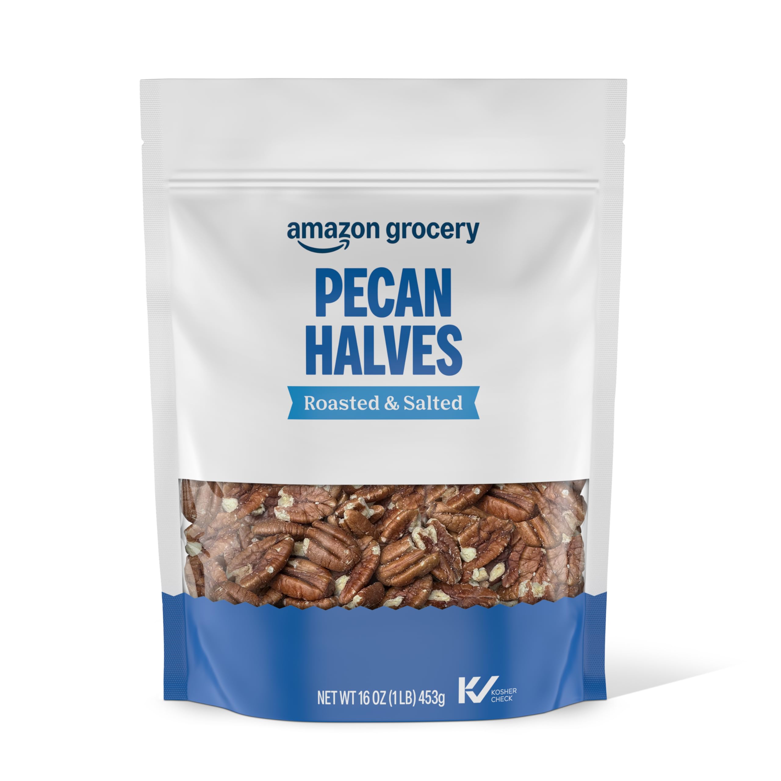 Happy Belly roasted and salted pecan halves in a 16-ounce bag for convenient snacking.