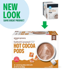 Happy Belly Salted Caramel hot cocoa pod, steaming cup with inviting aroma in your kitchen
