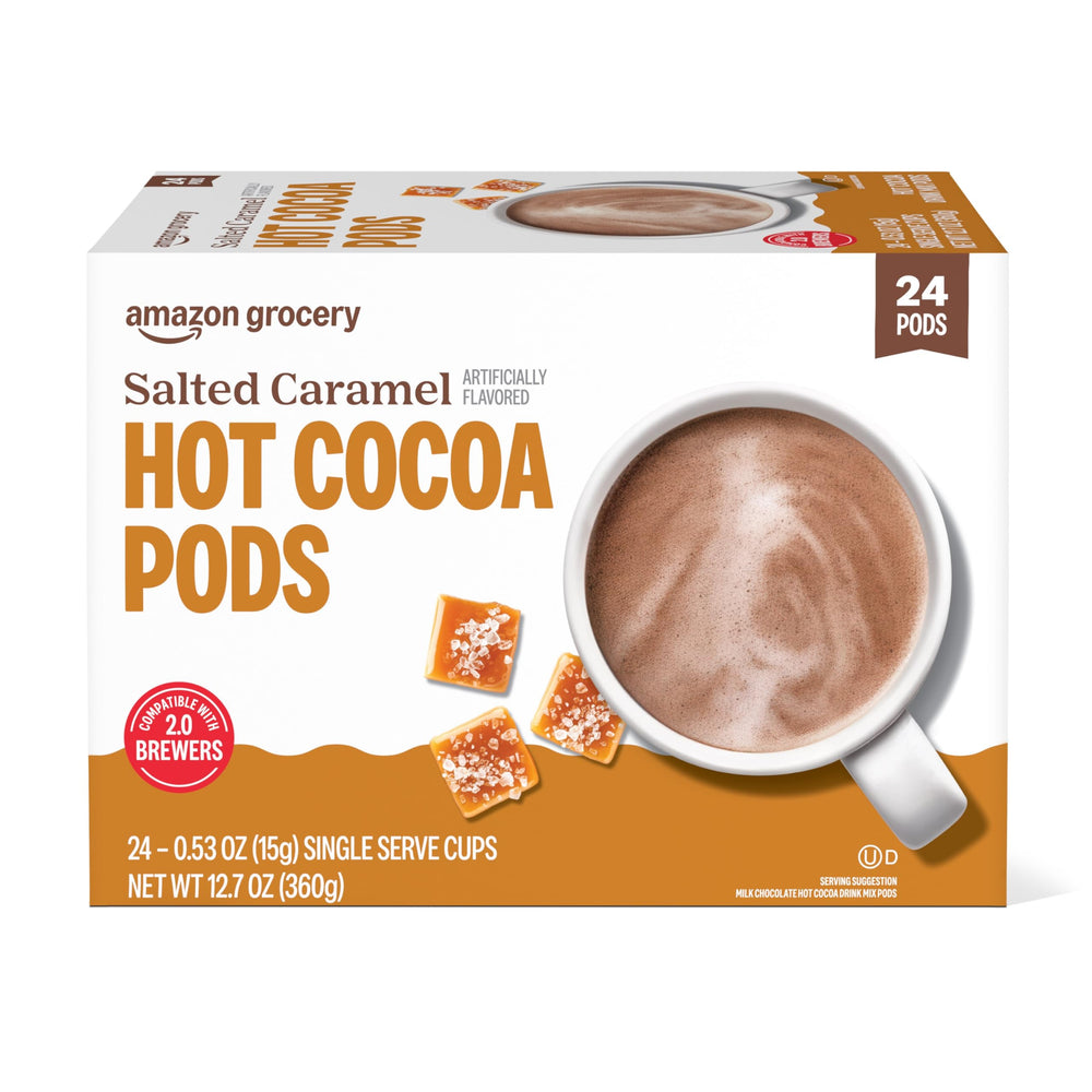 Happy Belly Salted Caramel hot cocoa pod, cup view, rich flavor ready in minutes for cozy mornings
