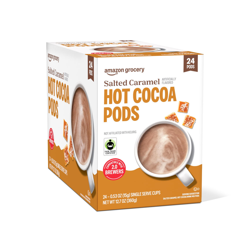 Happy Belly Salted Caramel hot cocoa pod, swirling cocoa dissolves into a silky cup