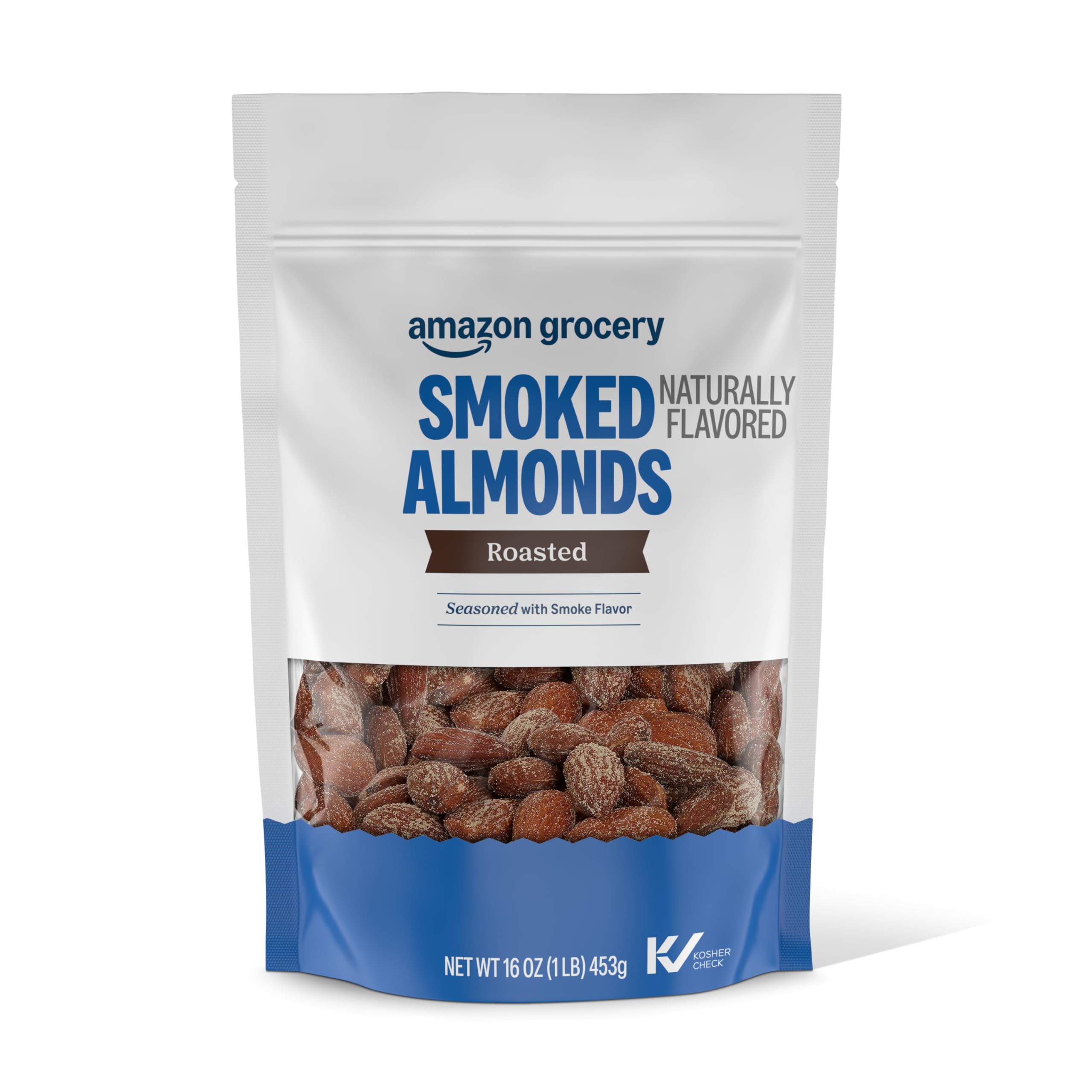 Happy Belly smoked almonds bag front showing resealable closure for freshness and on-the-go snacking