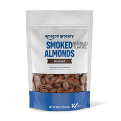Happy Belly smoked almonds bag front showing resealable closure for freshness and on-the-go snacking