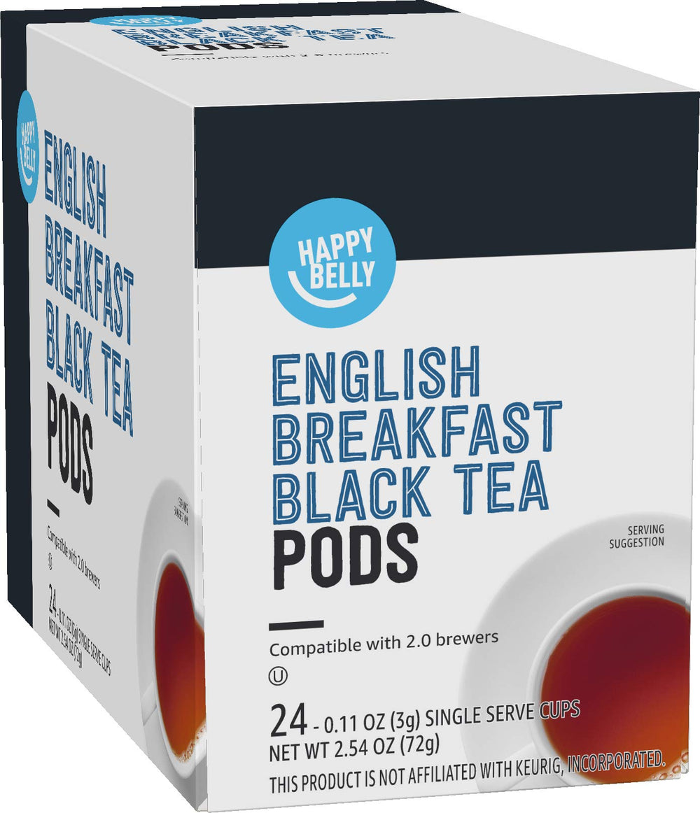 Happy Belly English Breakfast tea pods in a box, ideal for quick mornings.