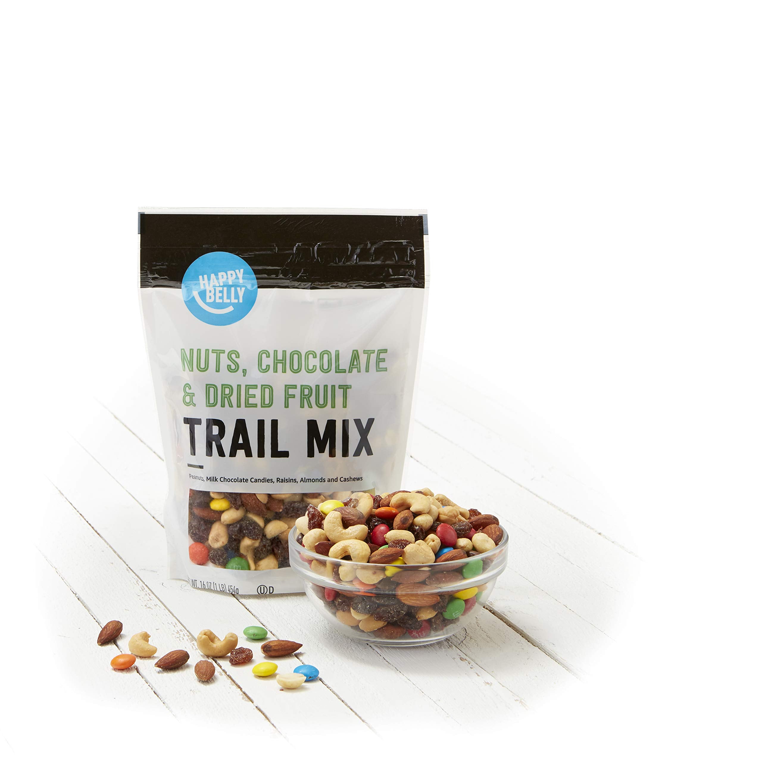 Happy Belly Trail Mix bag opened to reveal a colorful, inviting blend.