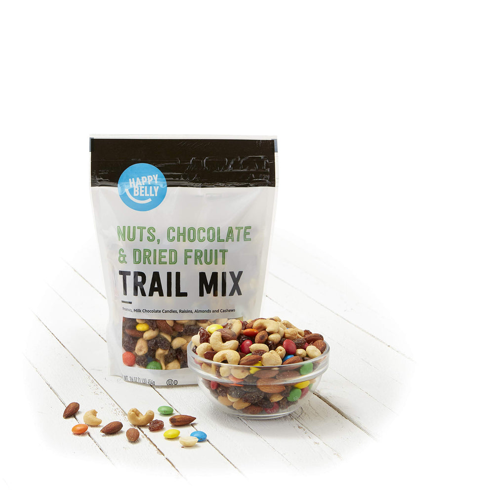 Happy Belly Trail Mix bag opened to reveal a colorful, inviting blend.