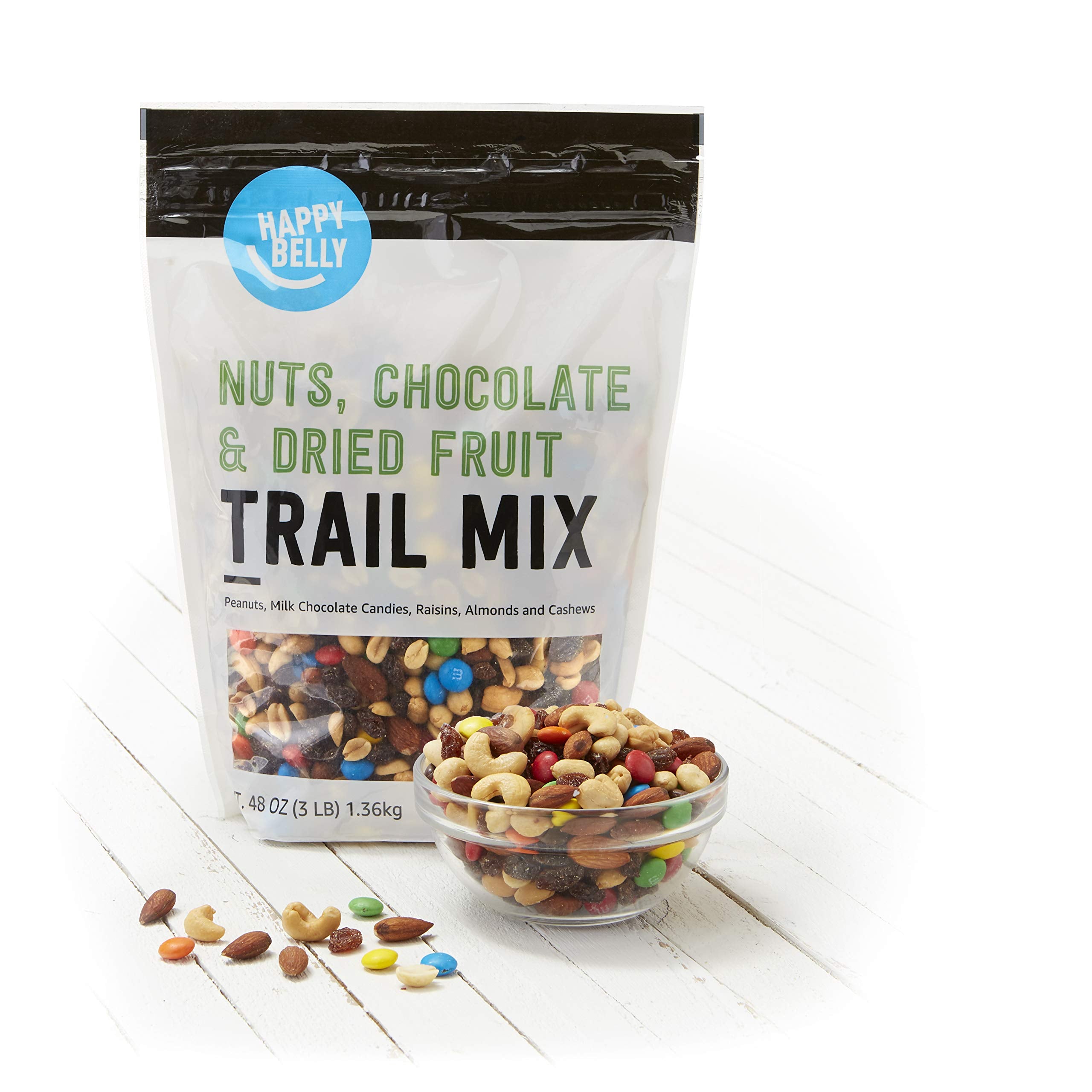 Cashews and almonds in Happy Belly trail mix close-up.