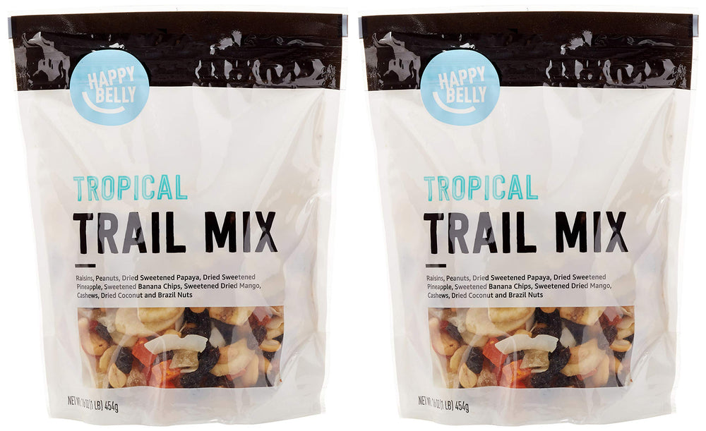 Happy Belly Tropical Trail Mix bag front shows resealable pouches for on-the-go snacking.