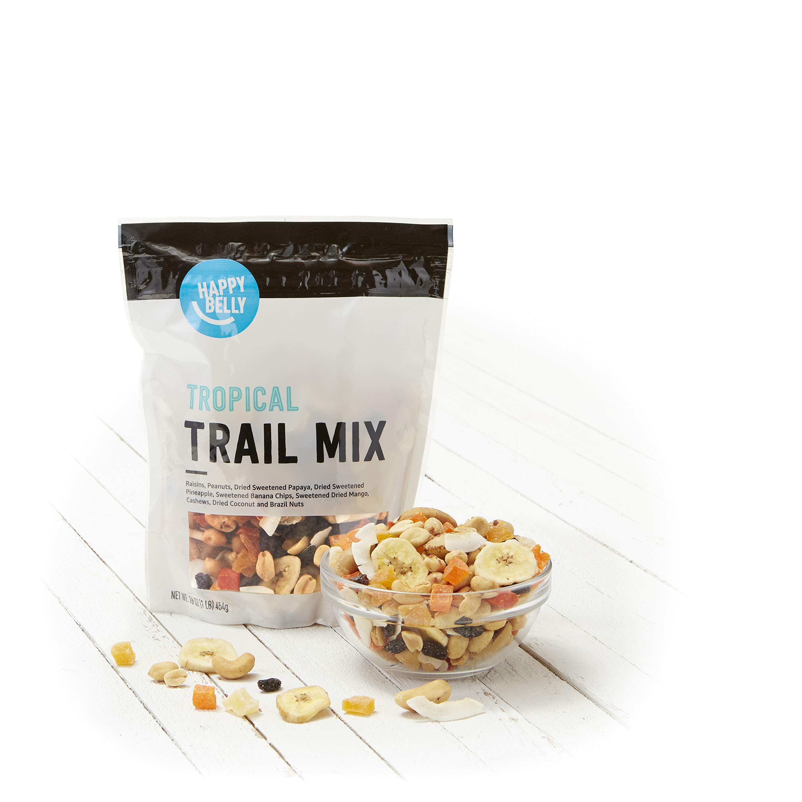 Happy Belly Tropical Trail Mix banana chips and coconut chips close-up