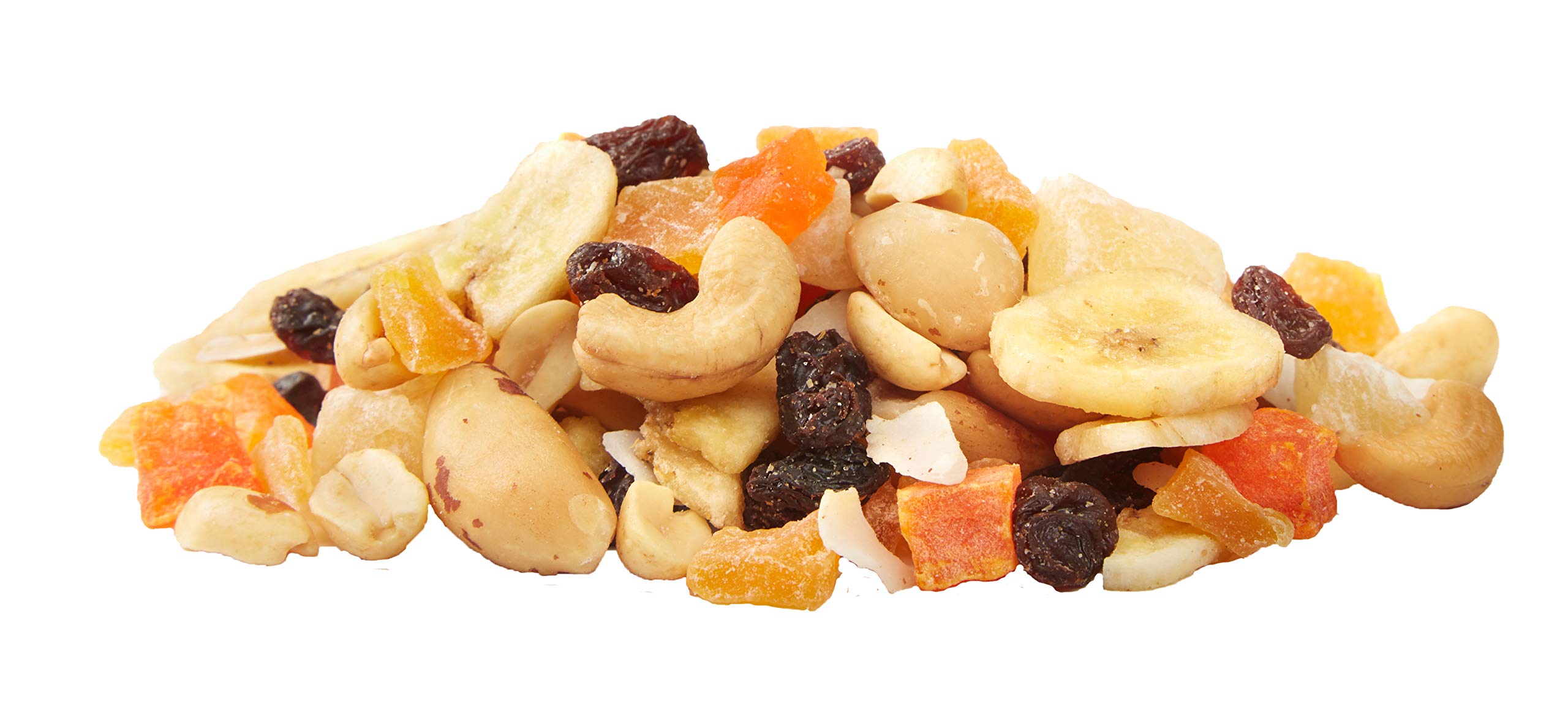 Happy Belly Tropical Trail Mix dried fruit and nuts close-up featuring pineapple and mango flavors.