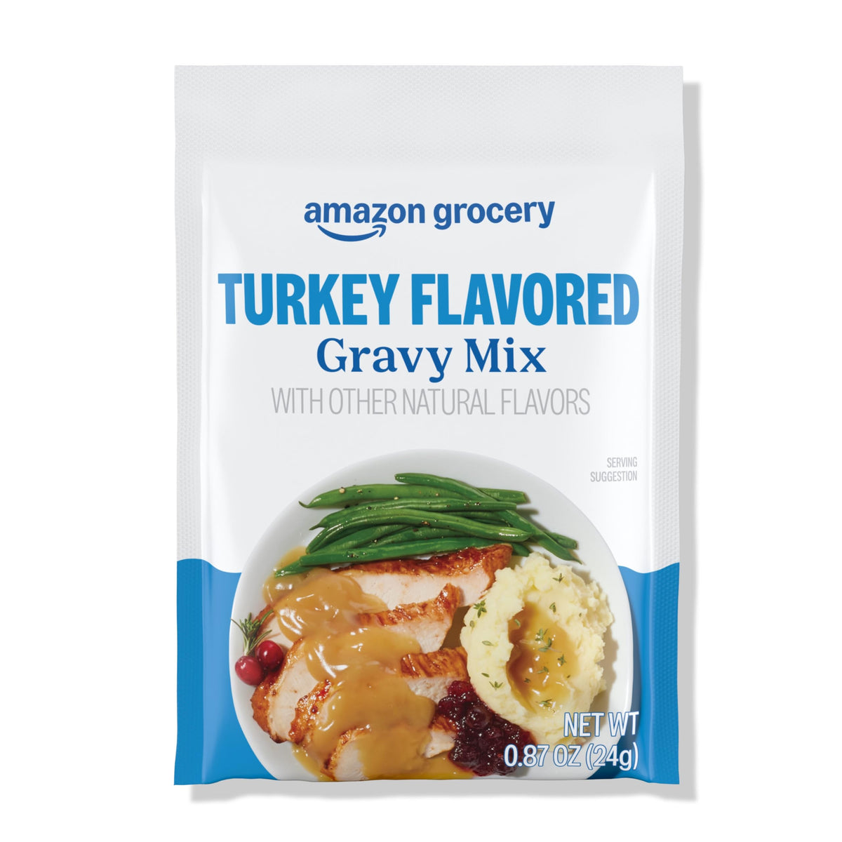 Happy Belly turkey gravy packet ready to pour over roasted turkey.