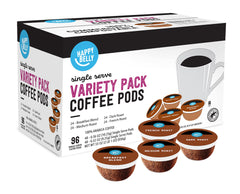 Happy Belly Variety Pack coffee pods in a 96-count box for convenient single-serve brews.