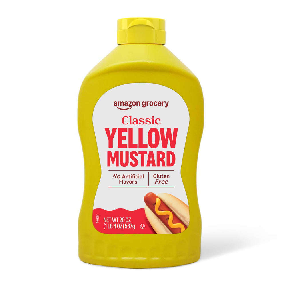 Happy Belly Yellow Mustard 20 oz bottle for classic, tangy flavor.