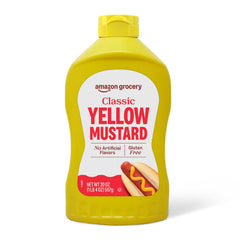 Happy Belly Yellow Mustard 20 oz bottle for classic, tangy flavor.