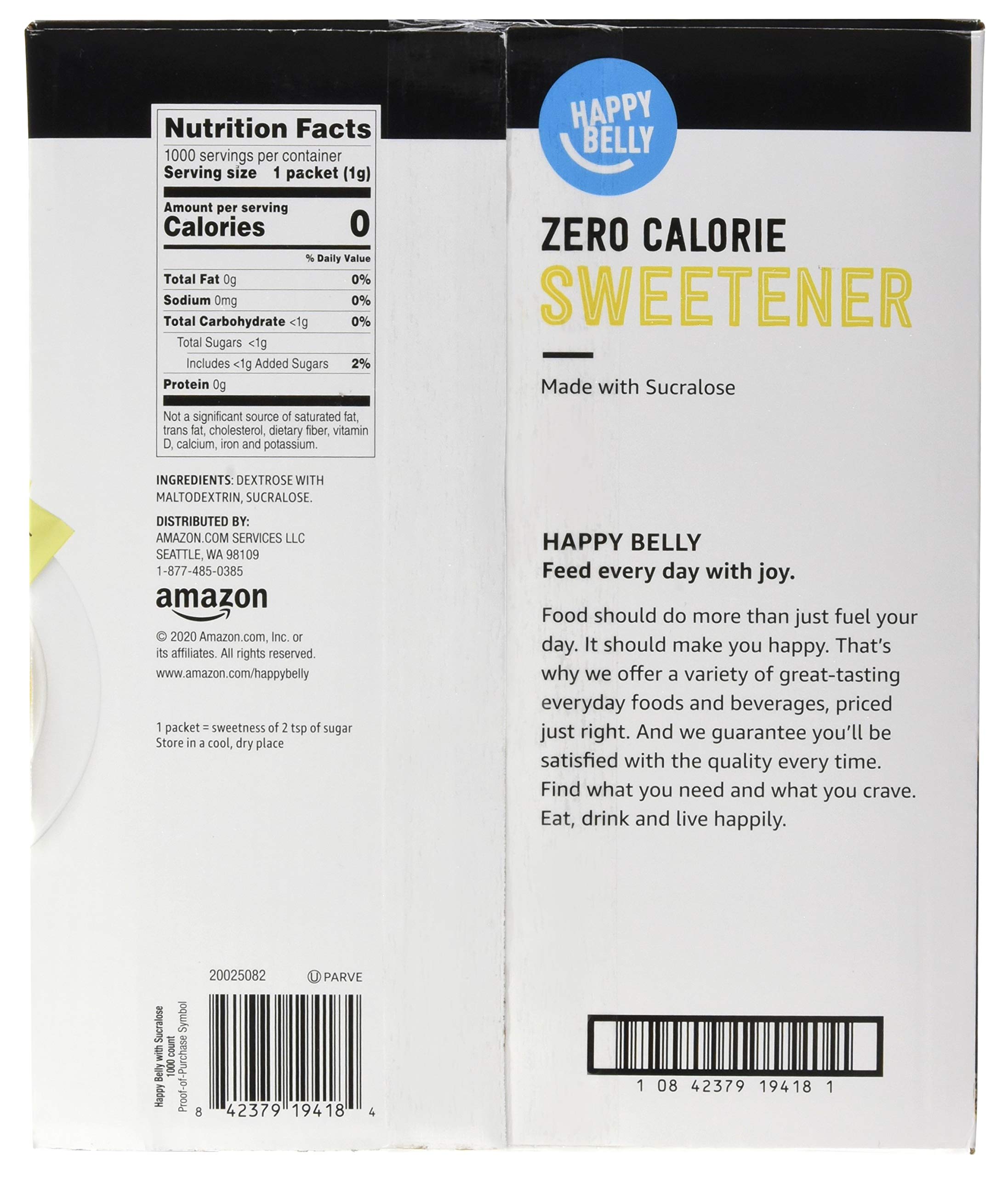 Happy Belly yellow sucralose packet close-up highlighting individual servings for convenience