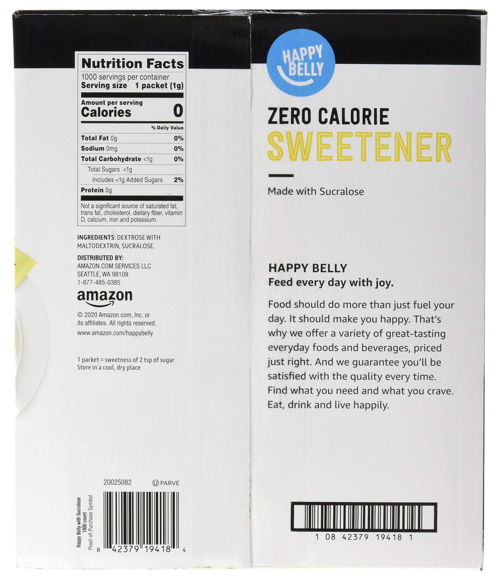 Happy Belly yellow sucralose packet close-up highlighting individual servings for convenience