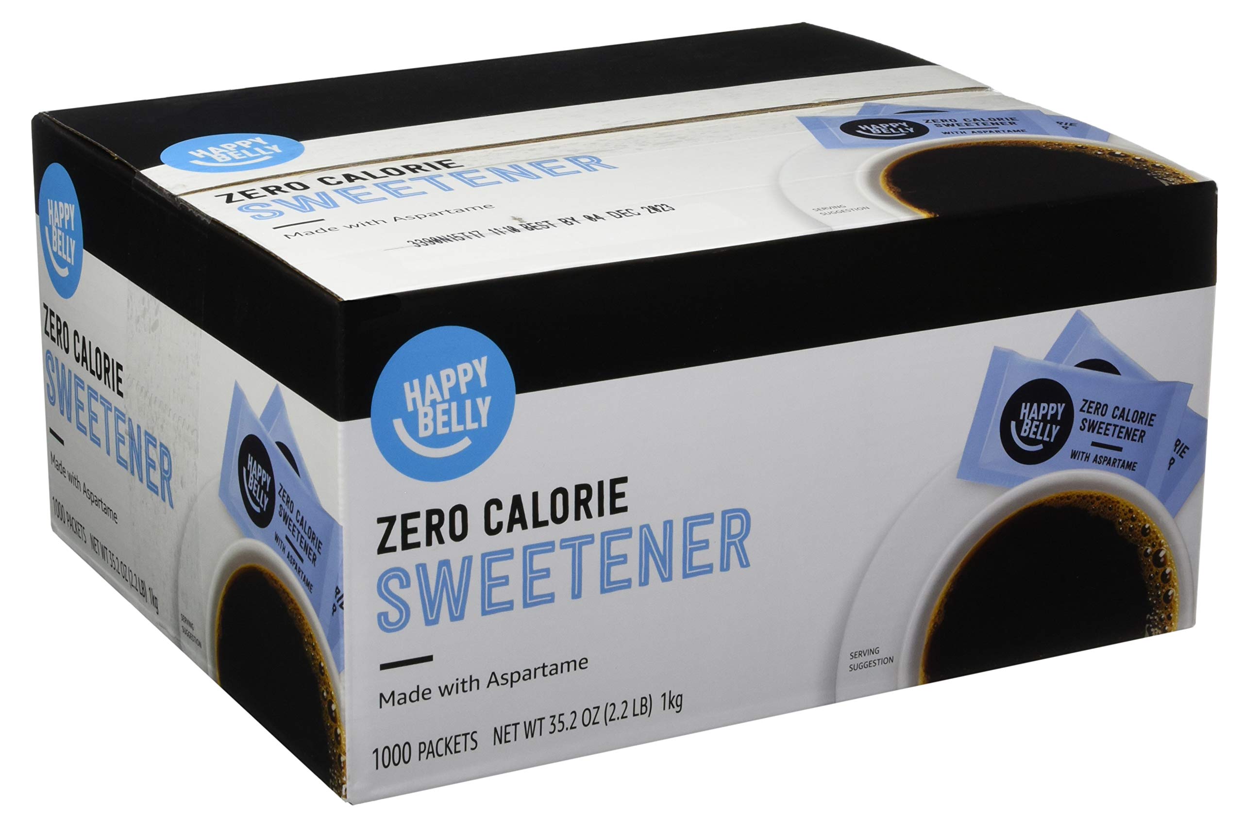 Happy Belly zero-calorie blue aspartame packets in a box for easy measuring