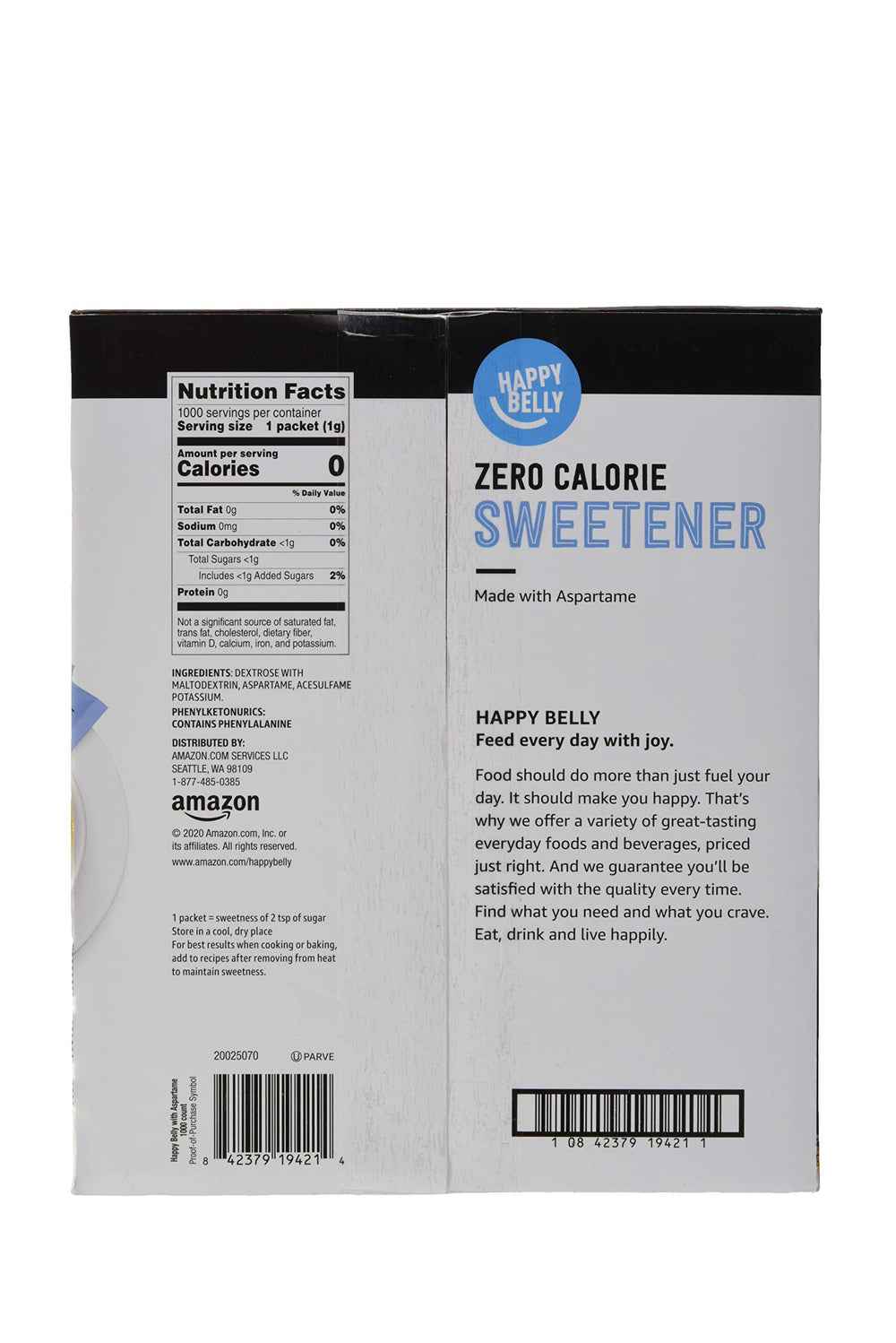 Close-up of Happy Belly blue packets ready to stir into coffee