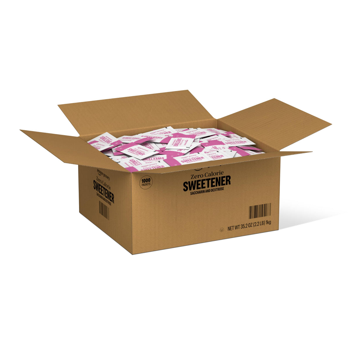 Happy Belly Zero Calorie Pink Saccharin packets box front for sugar-free beverages.