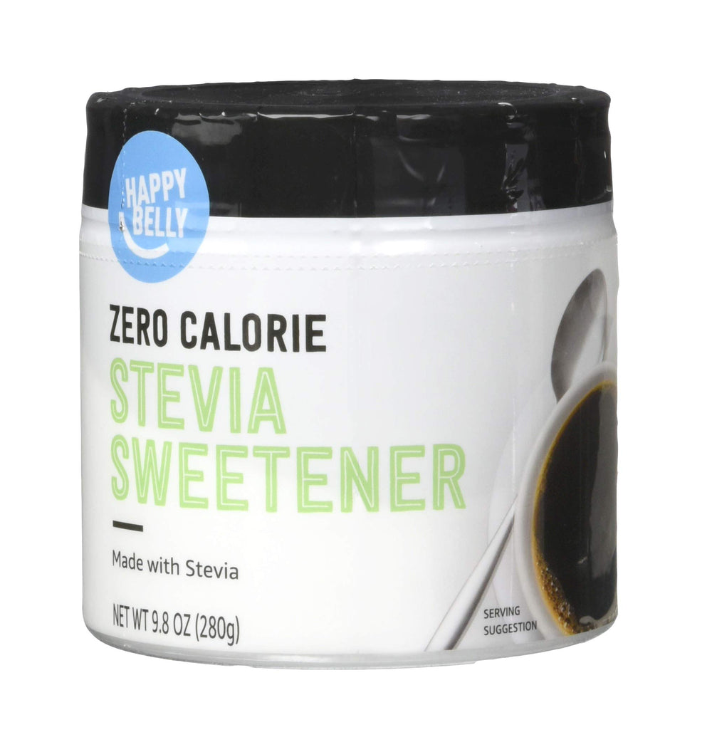 Happy Belly Zero Calorie Stevia Sweetener jar showing calorie-free sweetness for beverages