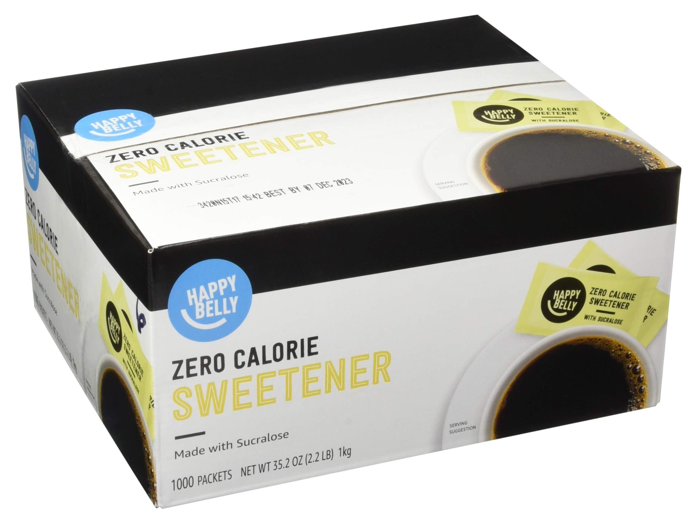 Happy Belly zero-calorie yellow packets box front for quick sweetness