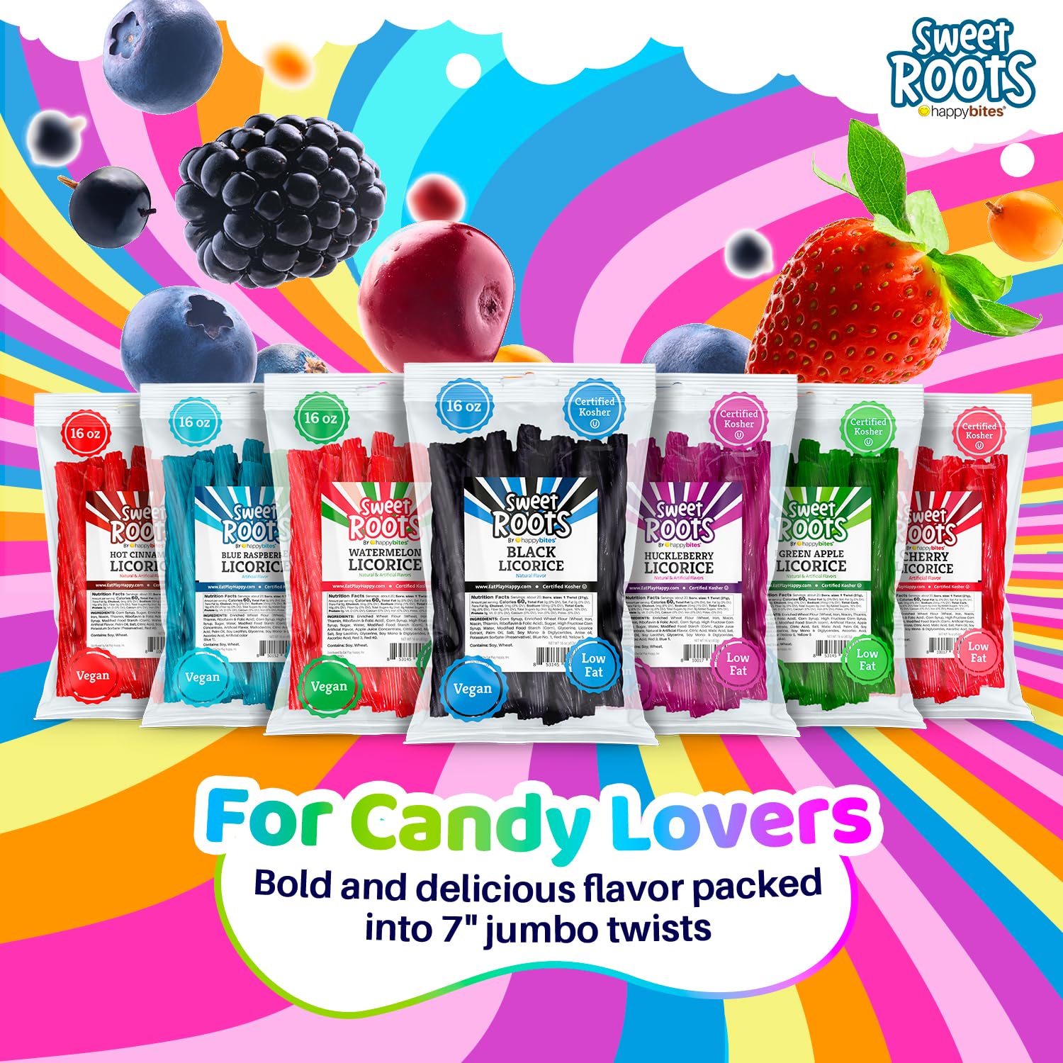 Happy Bites blue raspberry licorice twists closeup, highlighting soft texture perfect for on-the-go.