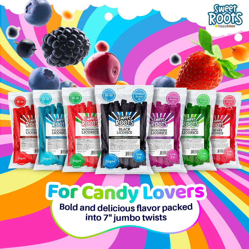 Happy Bites blue raspberry licorice twists closeup, highlighting soft texture perfect for on-the-go.