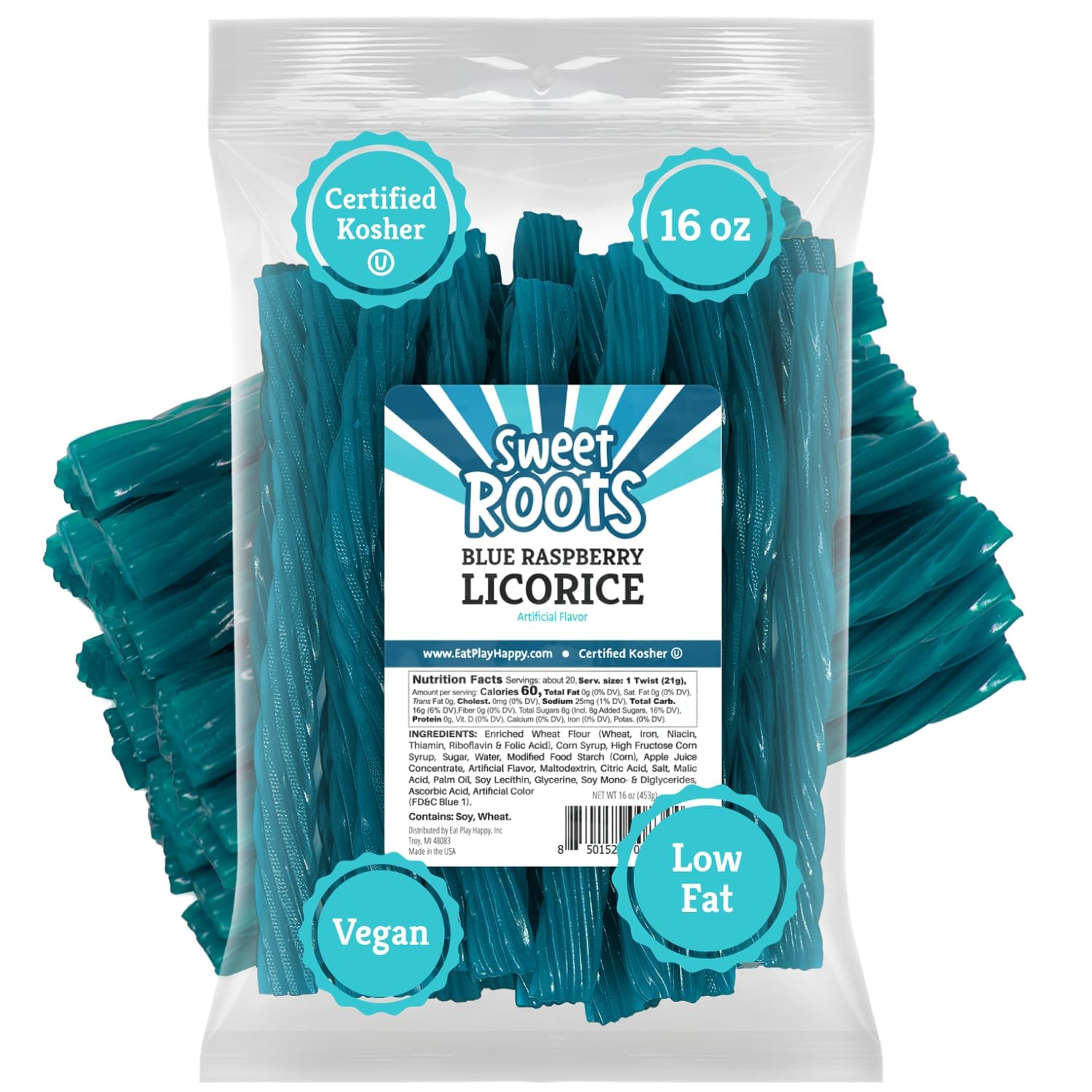 Happy Bites blue raspberry licorice twists pack shown for sharing and gifting, great party snack.