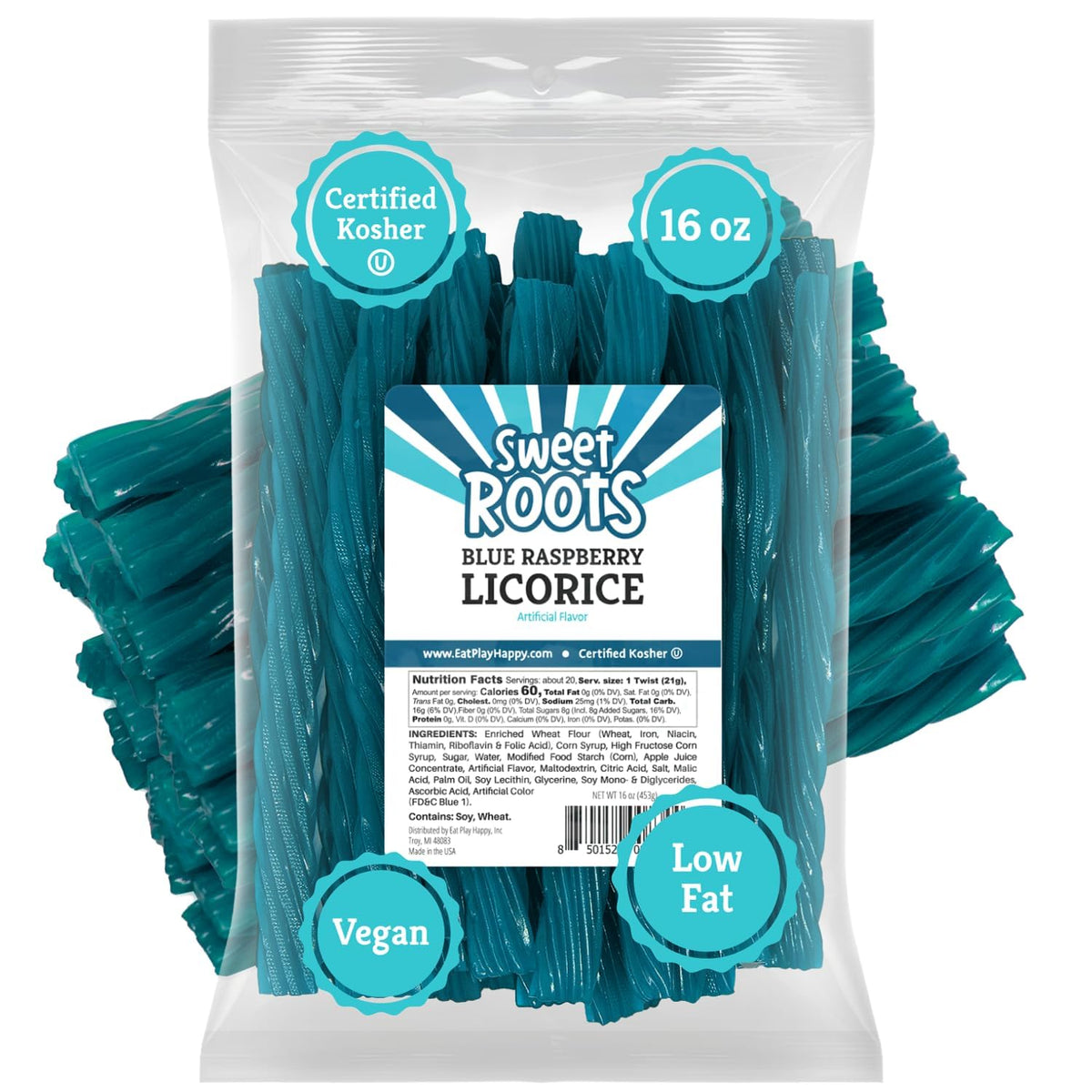 Happy Bites blue raspberry licorice twists pack shown for sharing and gifting, great party snack.