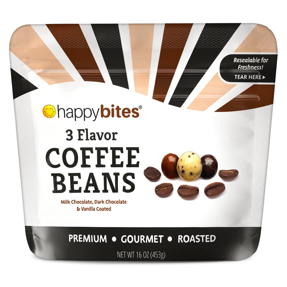 Happy Bites coffee beans with milk chocolate coating, smooth and energizing bite.