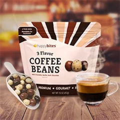 Happy Bites coffee beans with vanilla coating, fragrant sweetness.