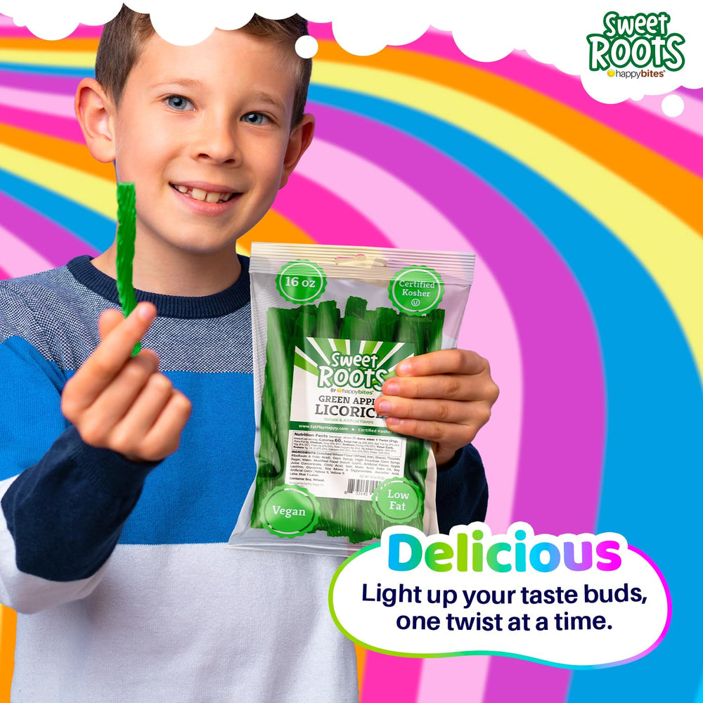 Happy Bites Sweet Roots green apple licorice twists 16oz packaging shows value.