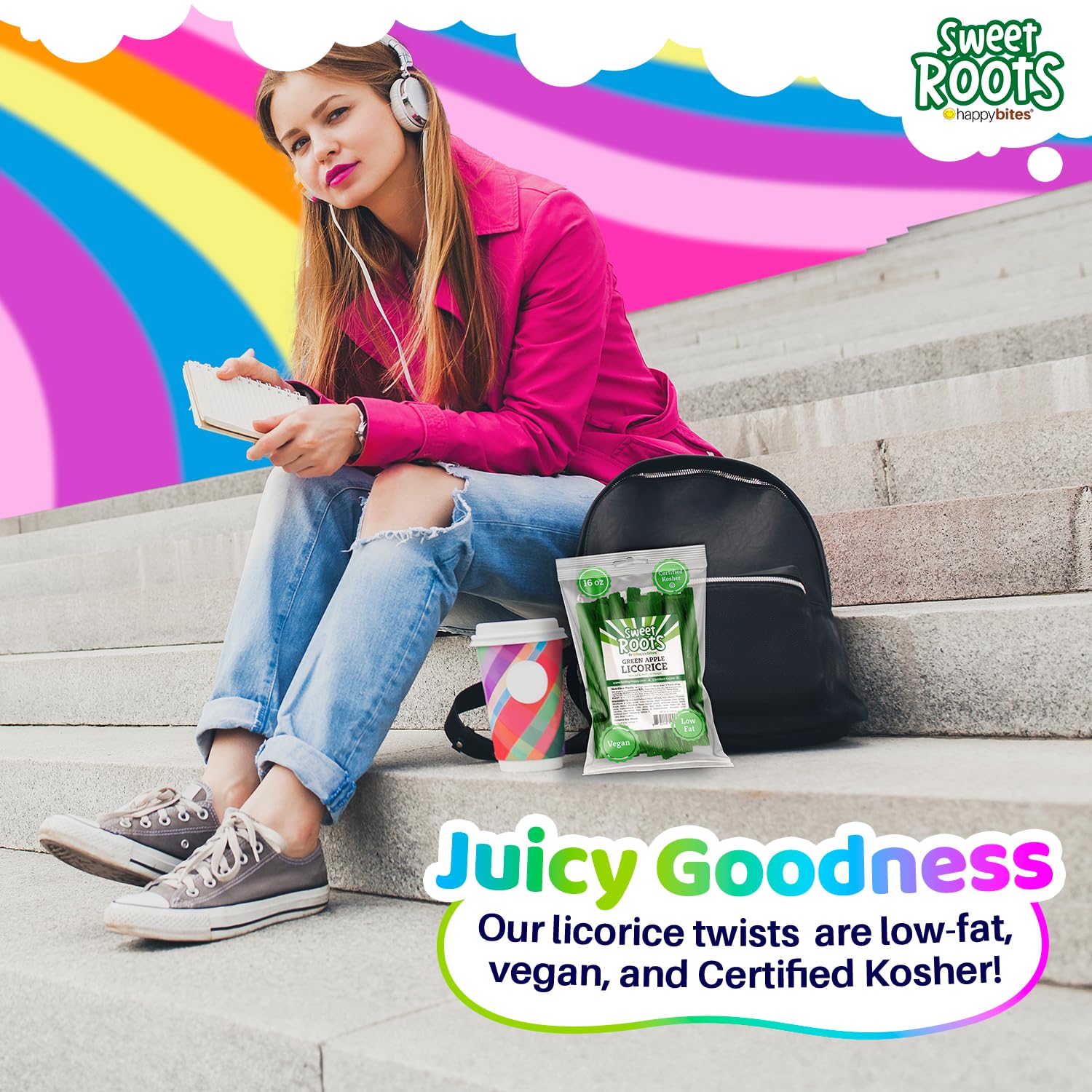 Happy Bites Sweet Roots green apple twists ingredient panel emphasizes real fruit juice.