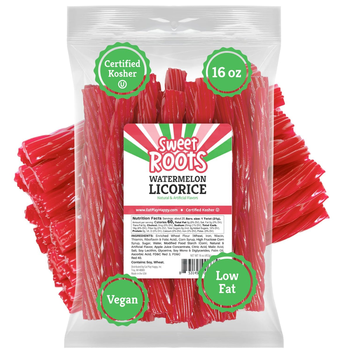 Happy Bites Sweet Roots Watermelon Licorice Twists bag showcases bold watermelon flavor, great for sharing.