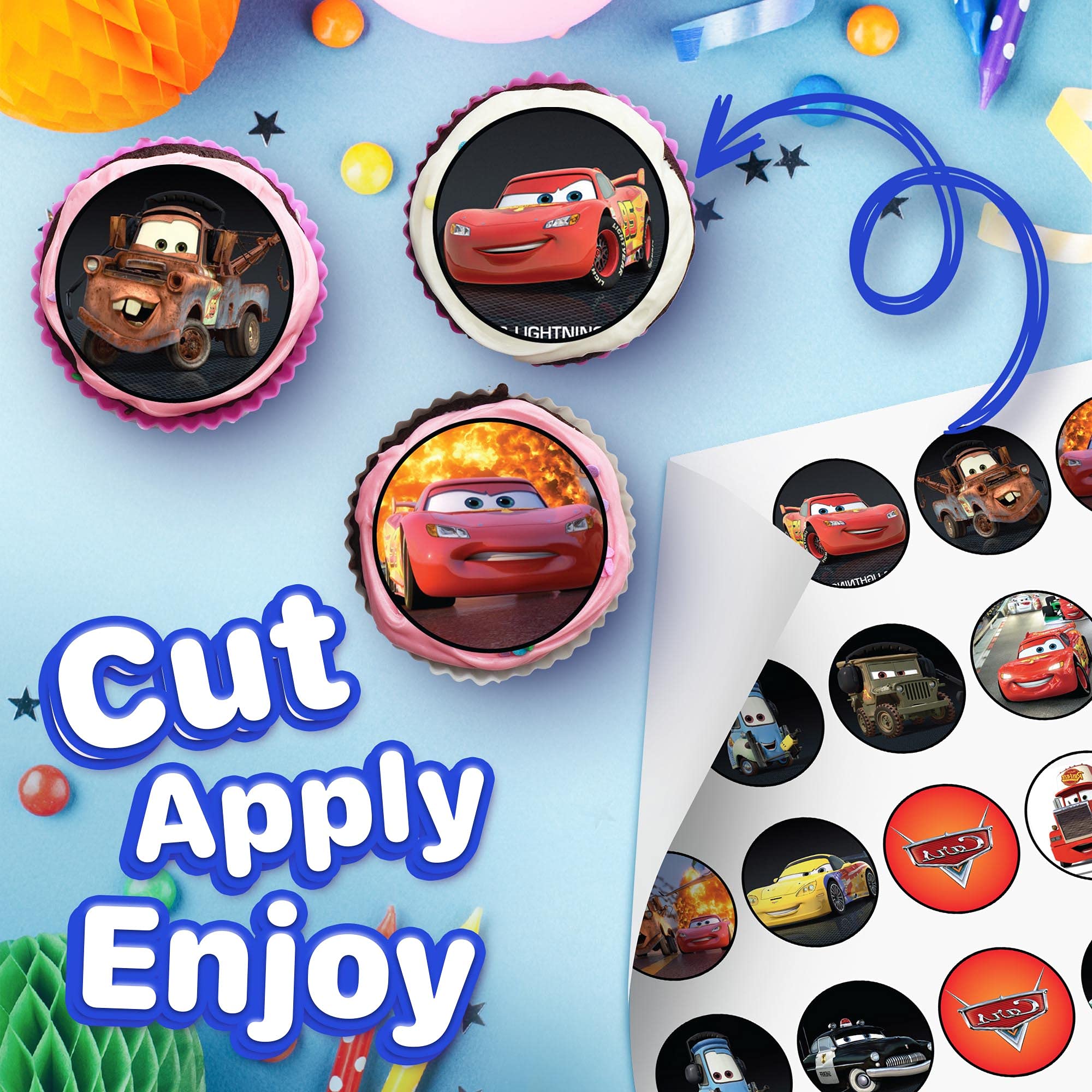 Happy Choices edible cupcake toppers pack adds a fun racing theme to cupcakes.