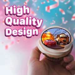 Happy Choices racing car decorations on wafer sheet enhance birthday desserts with flair.