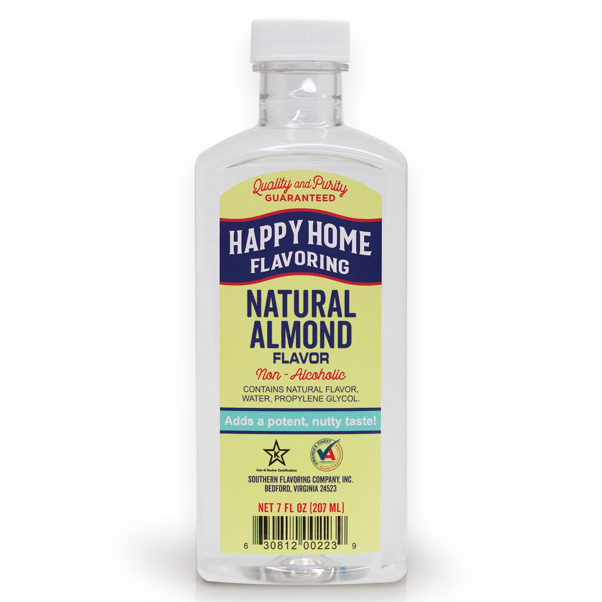 Happy Home almond flavoring bottle front, ready to elevate baked goods.