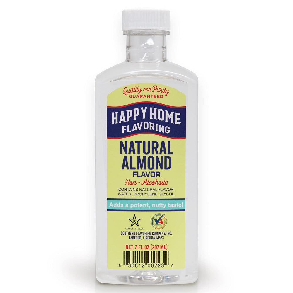 Happy Home almond flavoring bottle front, ready to elevate baked goods.