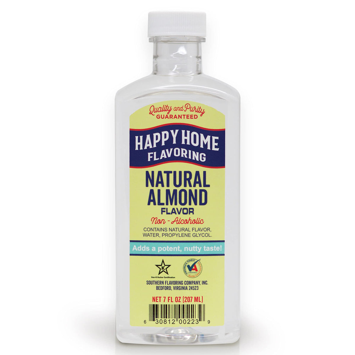 Happy Home almond flavoring bottle front, ready to elevate baked goods.