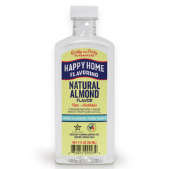 Happy Home almond flavoring bottle front, ready to elevate baked goods.